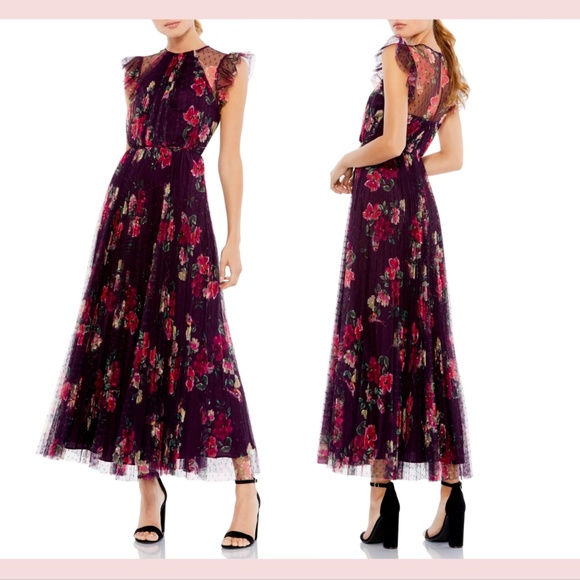 NEW $398 IEENA Mac Duggal‎ [ Small ] Floral Ruffle Fit Flare Tulle Dress #S576 - Picture 1 of 12